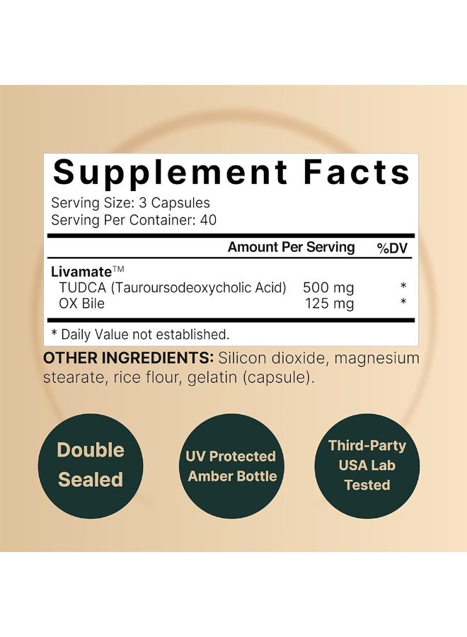 نايتشر بيل TUDCA 500mg with OX Bile 125mg Per Serving, 120 Capsules – Bile Salts Support, High Absorption Livamate Formula | Liver Cleanse Detox & Repair Supplement | Natural Bitter Taste – Third Party Tested - Image 4